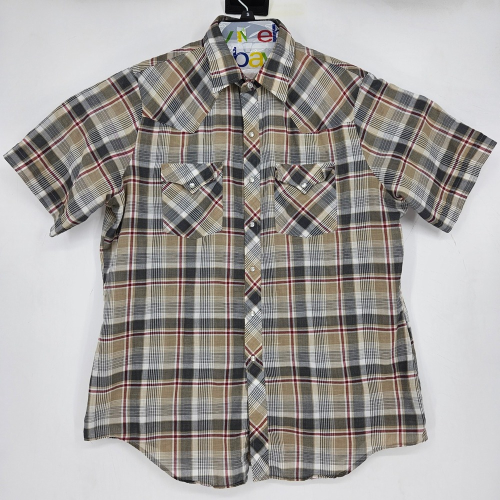 Vintage Border Town Shirt Mens Large Western Pearl Snap‎ Short Sleeve Plaid
